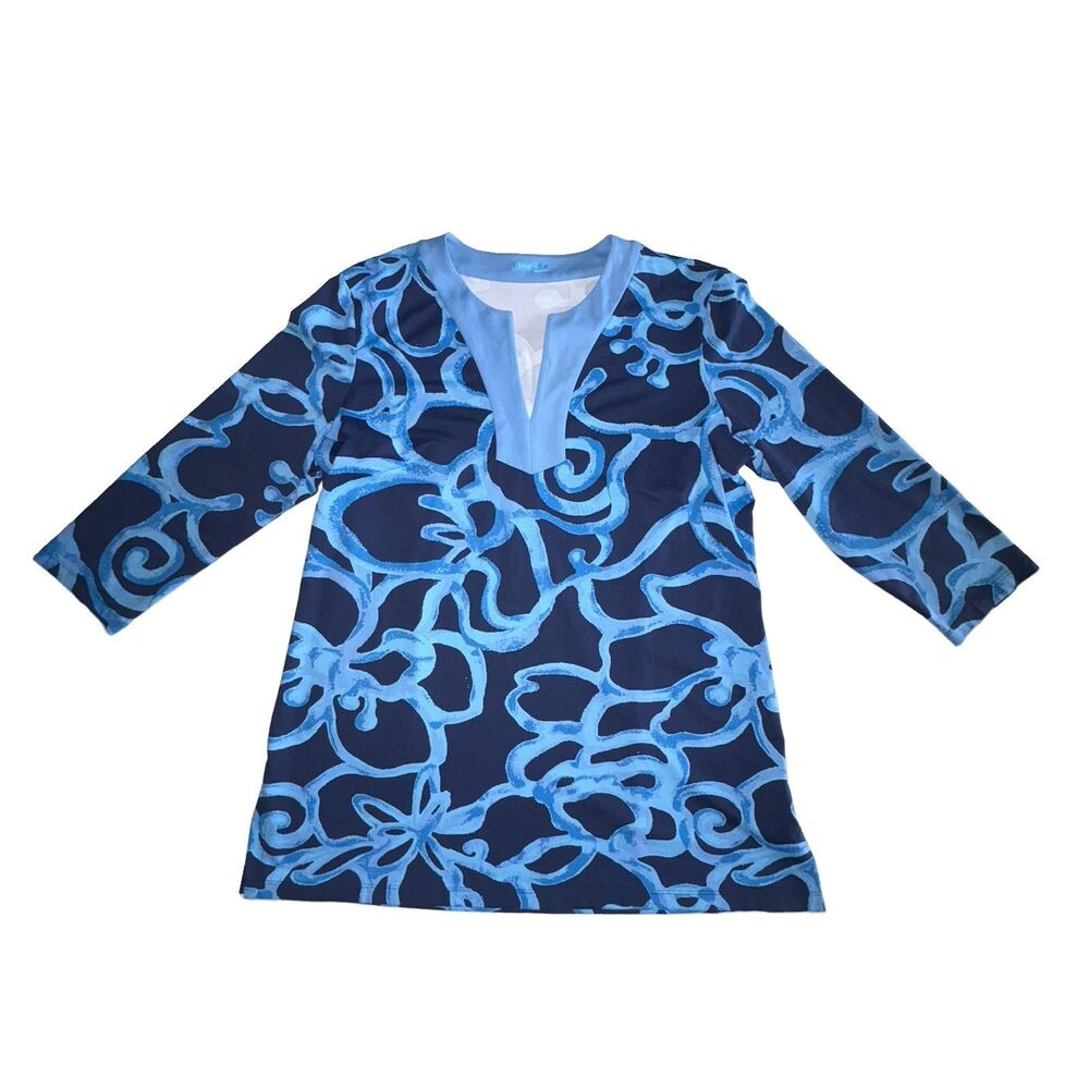 J Mclaughlin Blue Print Split Neck Tunic Top Size XL Catalina Cloth Stretch